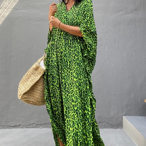 SOLD OUT Lime Green Leopard Animal Print V-Neck Long Maxi Kaftan Kimono Dress - Picture 6 of 8
